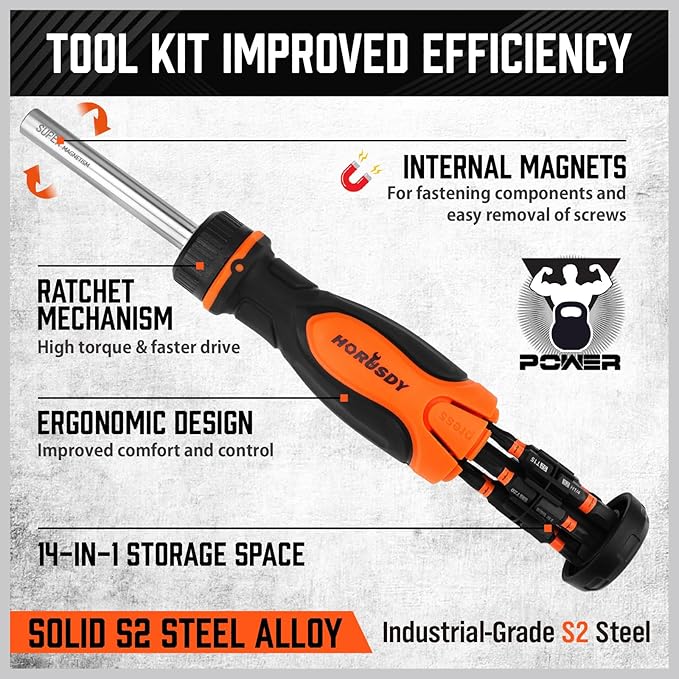 HORUSDY Magnetic Ratcheting Screwdriver Set: 14-in-1 Bits & 1/4" Driver, Multi-Sized Phillips, Slotted, Square, Torx, Hex for Garage & Daily Repair