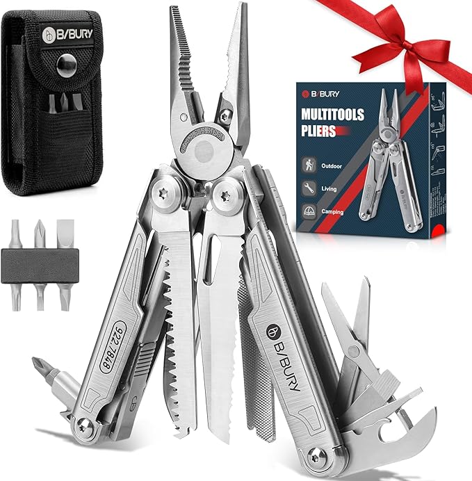 BIBURY Multitool with Pocket Knife, Birthday Gifts for Men, 19-in-1 Stainless Steel Pliers with Scissors, Self-locking Multi tools with EDC Sheath for Home, Camping, Hiking, Survival -BI2038A
