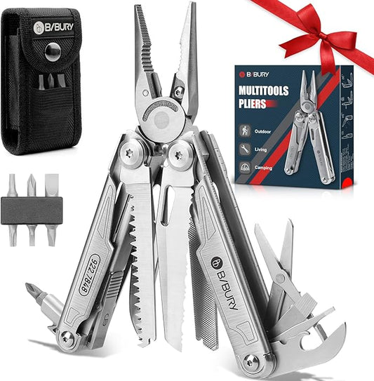 BIBURY Multitool with Pocket Knife, Birthday Gifts for Men, 19-in-1 Stainless Steel Pliers with Scissors, Self-locking Multi tools with EDC Sheath for Home, Camping, Hiking, Survival -BI2038A