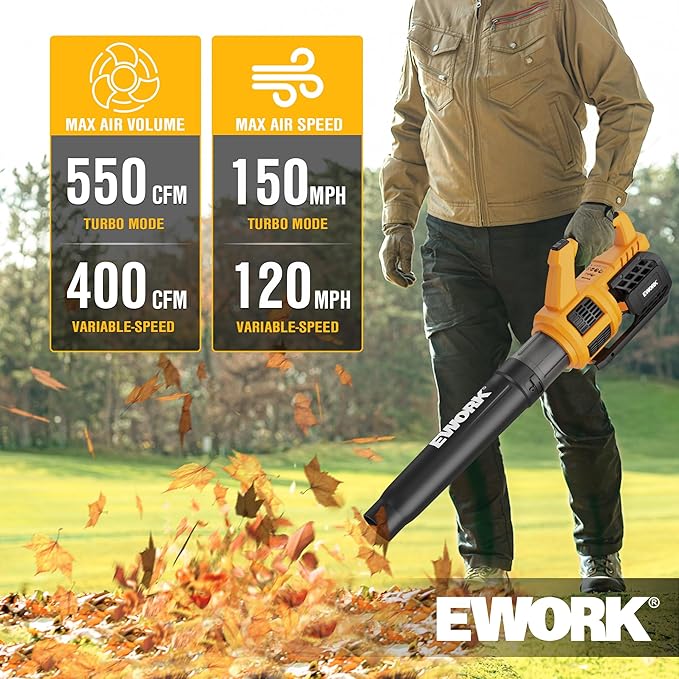 EWORK 21V Cordless Leaf Blower, Powerful Turbo Mode & 550 CFM, 2횞3.0Ah Batteries & Fast Charger, Lightweight Electric Leaf Blowers for Lawn Care, Patio, Leaves & Dust