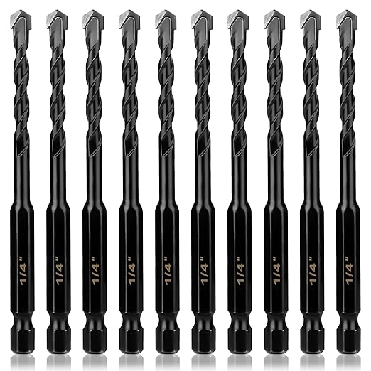 10Pcs 1/4" Masonry Drill Bits Kit for Concrete, Stone, Carbide Drill Bit Set for Glass, Brick, Tile, Plastic, Ceramic and Wood Size 1/4 inch