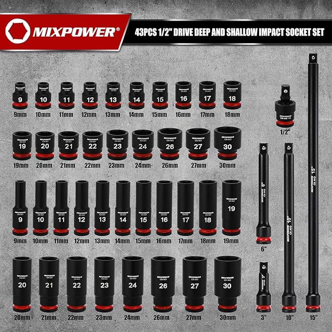 MIXPOWER 43 Pieces 1/2" Drive Deep and Shallow Impact Socket Set, 6 Point,Metric Sizes 9-30mm, 1/2'' Impact Universal Joint, 1/2"Drive Extension Bars:3",6",10",15",CR-MO Steel Mechanic Socket Set
