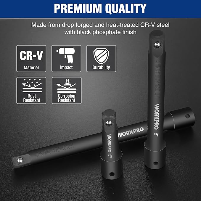 WORKPRO 1/2" Drive Impact Extension Bar Set, 3 PCS Socket Extensions, 3?? 6??and 8??Length, Premium Chrome Vanadium Steel with Black Phosphate Finish
