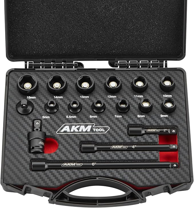 1/4 Inch Drive Magnetic Impact Socket Set, 17-Piece Metric, 5mm-15mm, 6 Point, Cr-Mo, Square Drive, Magnetic Socket with Adapter, Universal Joint & Extension
