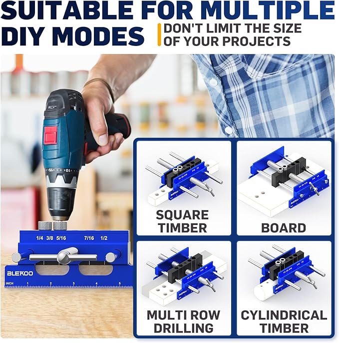 Upgraded 6.7 inch Self Centering Doweling Jig Kit (Blue), Drill Jig For Straight Holes Biscuit Joiner Set With 6 Drill Guide Bushings, Adjustable Width Drilling Guide Power Tool Accessory Jigs