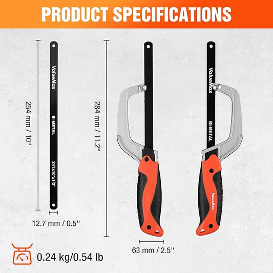 ValueMax Hacksaw, Mini Metal Saw Tool with Extra 1 Piece Bi-Metal 10 Inch Blade, Aluminum Small Hack Saw Cutter for Wood, PVC, Iron, Copper