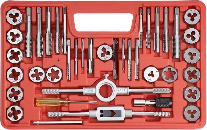 40pcs SAE Tap and Die Set, SAE Standard Rethreading Tool Kit, Coarse and Fine Threads for Cutting External and Internal Threads, Essential Repair Tool Kit with Thread Wrench