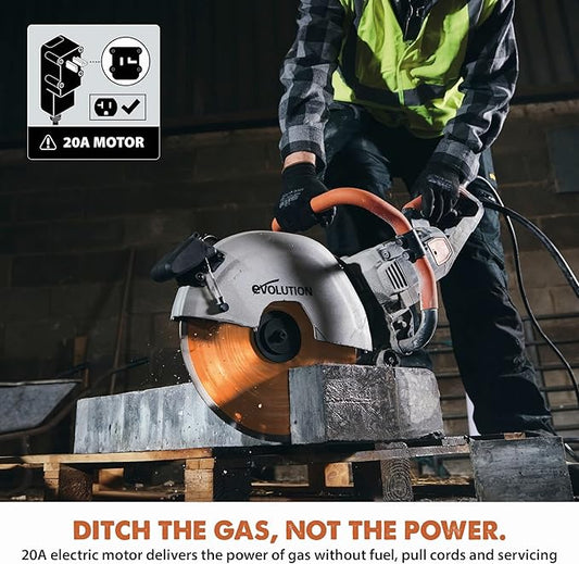 Evolution R14DCT 14” Electric Concrete Saw | High-Torque 20A Motor | 5-1/8” Cut Depth | Auto ON/OFF Dust Suppression | No Gas, Low Maintenance | 14” Diamond Blade | Heavy-Duty | 20A Plug