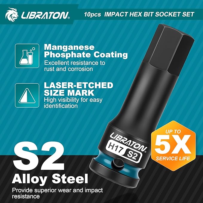 LIBRATON Impact Hex Bit Socket Set, 1/2" Dr, S2 Steel, 10PCS High Torque Sockets(Metric H5-H19) for Professional Mechanics & Automotive Repair (XPE Storage Case)