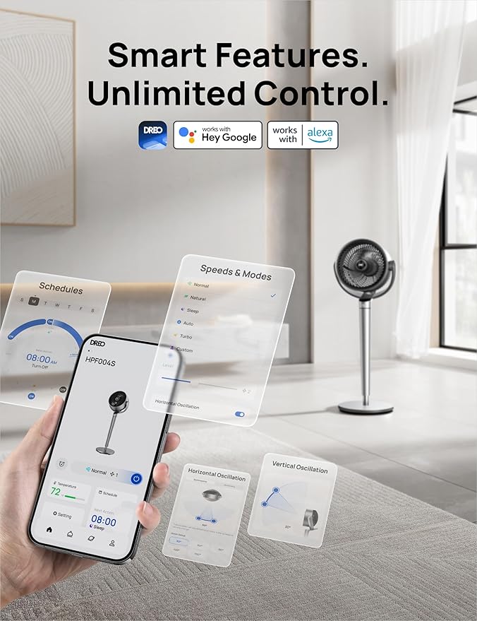 Dreo Oscillating Fan for Bedroom,150°+120° Omni-Directional Quiet Floor Fans with Smart Control, 110ft Pedestal Fan with DC Motor, 9 Speeds, 6 Modes, 43'' Inches, 12H Timer, Wi-Fi/Voice/Alexa
