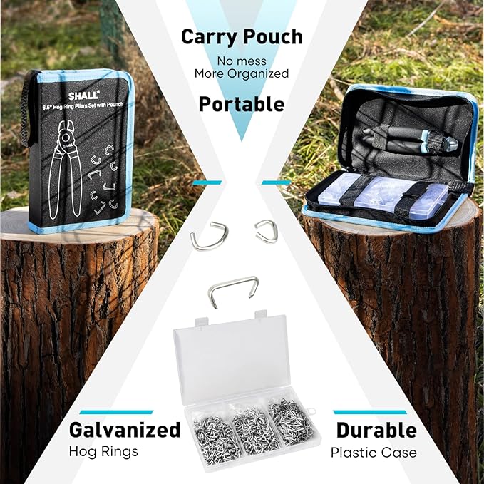 SHALL Hog Ring Pliers Kit with 600pcs Galvanized Hog Rings (3/8?쇺? 1/2?쇺? 3/4?쇺? for Upholstery, Fence, Animal Pet Cages, Bungee Cords, Bagging, Protective Gloves, Storage Case & Bag Included