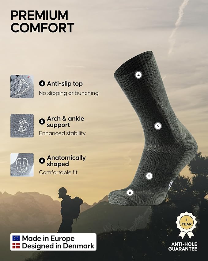 DANISH ENDURANCE Merino Wool Hiking Crew Socks for Men & Women, Cushioned Anti-Blister, Breathable - 3 Pairs