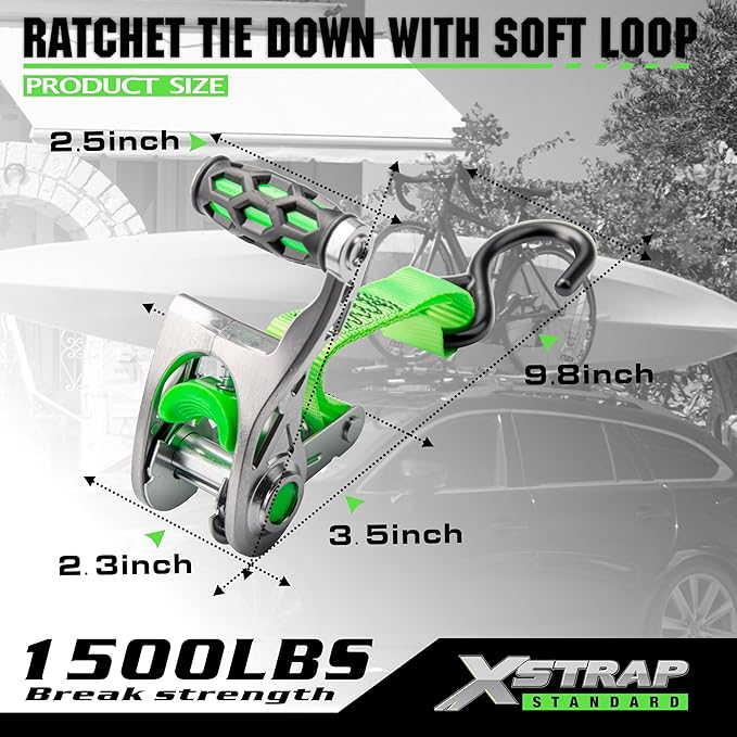 XSTRAP STANDARD 1in x 14ft Ratchet Straps with Ergonomic Aluminium Alloy Handle and Coated S-Hooks - 500 lb. Working Load Limit / 1,500 lb. Breaking Strength - Green, 4PK