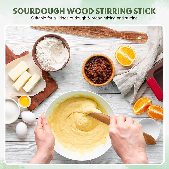 Baderke 11 Inch Wooden Sourdough Bread Mixing Stir and 13 Inch Wooden Spatula Paddle Stirring Stick for Kitchen Cooking Mixing Tool for Sourdough Starter Cookware Pot (Teak Wood)