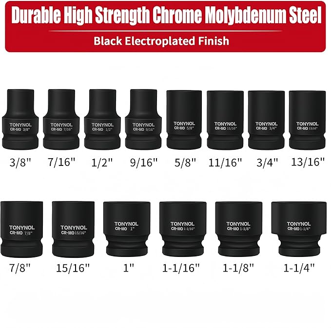1/2 Inch Shallow Drive Impact Socket Set,6-Point,SAE(3/8" to 1-1/4"),14 Pcs,Cr-Mo Steel,With a Storage Case