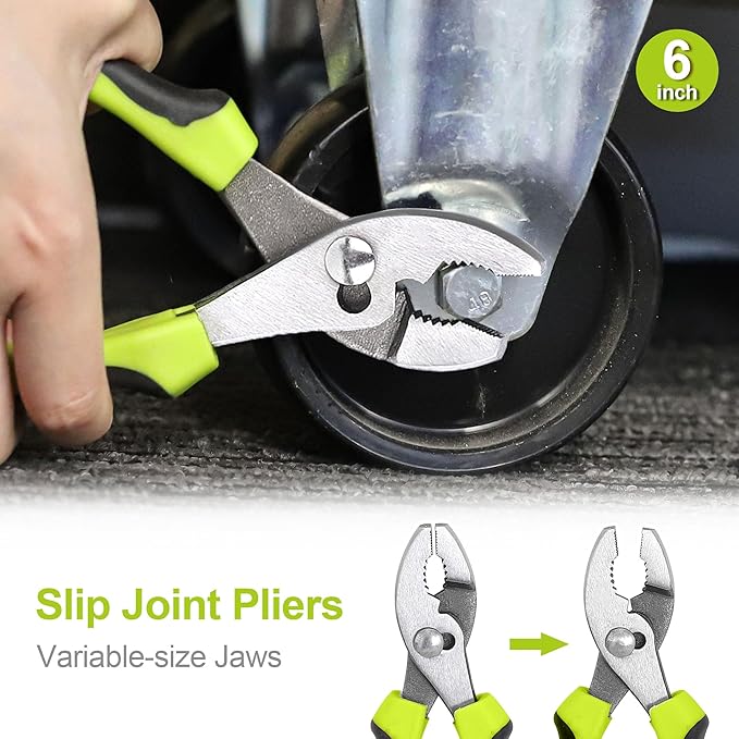 FASTPRO 5-Piece Utility Pliers Set with Storage Bag, Includes Groove Joint, Diagonal, Long Nose, Slip Joint Pliers and 8" Adjustable Wrench, Green