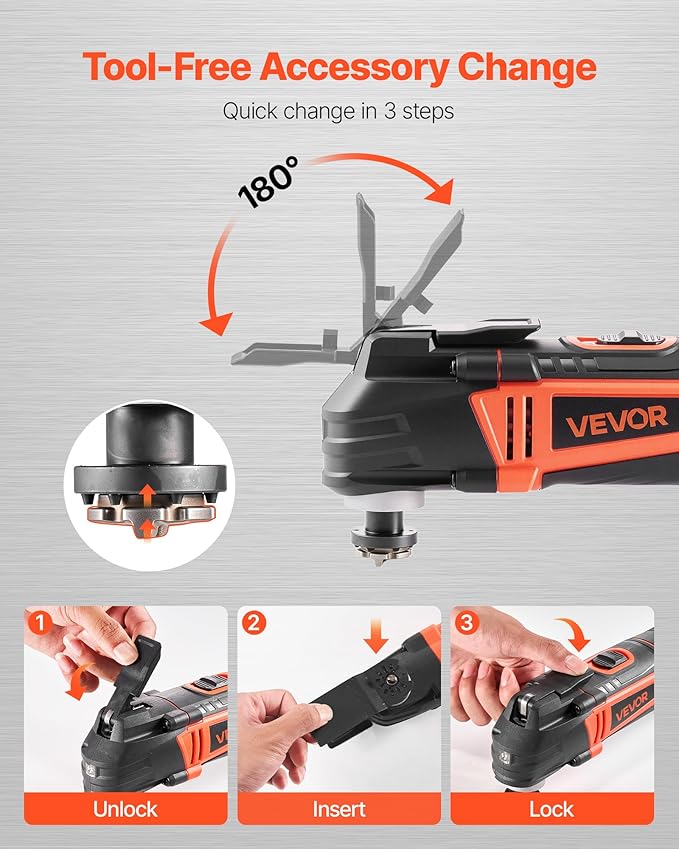 VEVOR Oscillating Tool Multitool, 4Amps Electric Oscillating Multi Tool Corded with 6 Variable Speeds 7000-19000 OPM, 3.2째 Oscillating Angle, 13PCS Saw Accessories, LED Work Light & Tool Bag