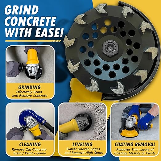 7" High Performance Diamond Grinding Wheels for Concrete, Paint, Epoxy, Mastic, Coating Removal, #30/40 Grit, 10 Arrow Segments, 7/8"-5/8" Arbor