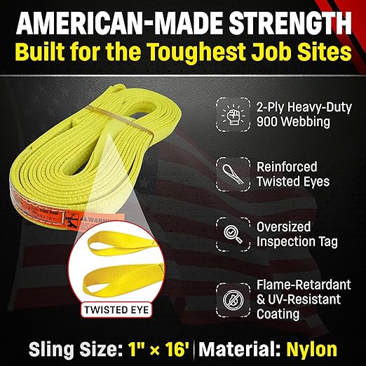 DD Sling 1 Inch x 16 Foot Nylon Lifting Sling – USA Made, 3,200 lb Vertical, 2,600 lb Choker, 6,400 lb Basket – 2-Ply Heavy Duty 900 Webbing, Type 4 Twisted Eye & Eye Rigging Sling