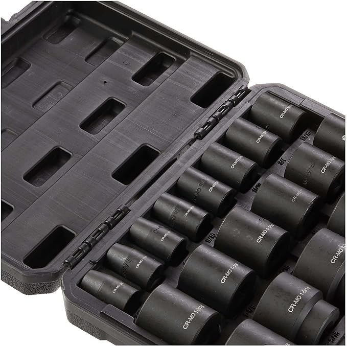 Amazon Basics 19-Piece 1/2-Inch Drive 6 Point Shallow Impact Socket Set, SAE Size With Carrying Case, 10.2" x 8.5" x 2.4"