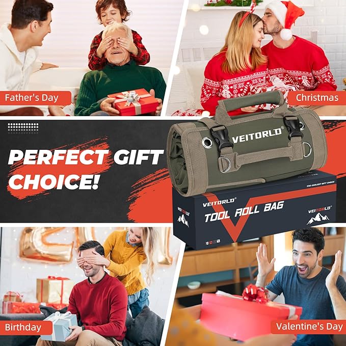 Tool Roll Up Bag, Gifts for Him Men Dad Husband Boyfriend Valentines Day, Portable Tools Box Storage for Men, Heavy Duty Tool Organizer W/Detachable Pouches for Electrician Mechanic Carpenter