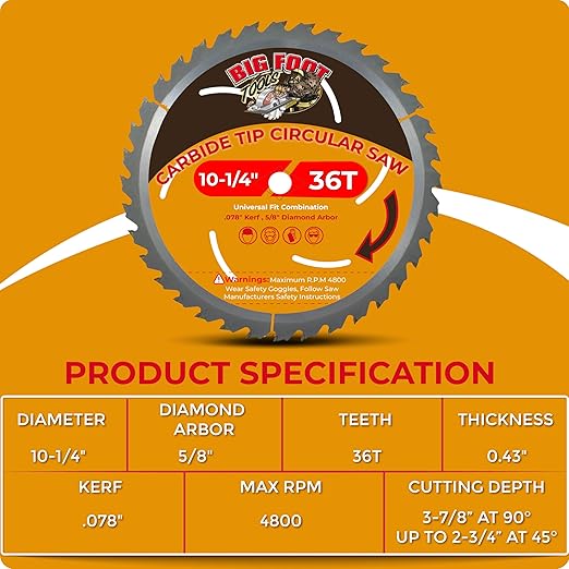 Big Foot 10 1/4 Circular Saw Blade 36 Tooth Carbide Tipped Circular Saw Blade - 10-1/4" Diameter - 5/8" Arbor