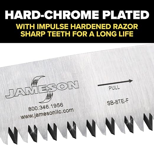 Jameson 8 Inch Folding Pruning Hand Saw for Single Hand Use with Tri-Cut Blade and Slip Resistant Grip, Professional Grade Knife