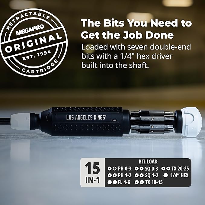 MEGAPRO짰 NHL짰 Team Edition Multi-bit Screwdriver | Officially Licensed NHL짰 Gear | Durable, Ergonomic, Pro-Grade Screwdriver (Los Angeles Kings짰)