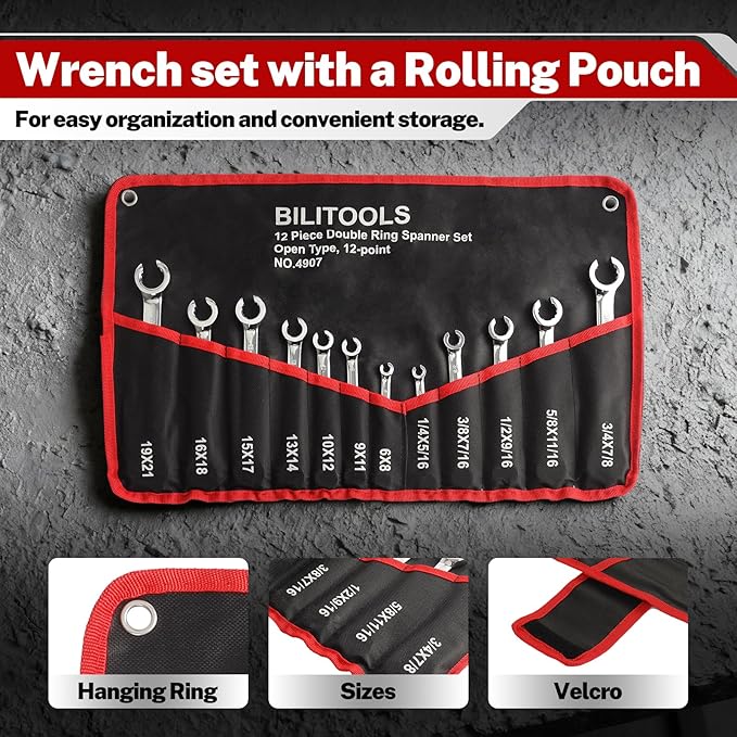 BILITOOLS 12-Piece Flare Nut Wrench Set, Metric & Standard, 12-Point Line Wrench Set 6 to 21mm & 1/4" to 7/8", Cr-V Steel