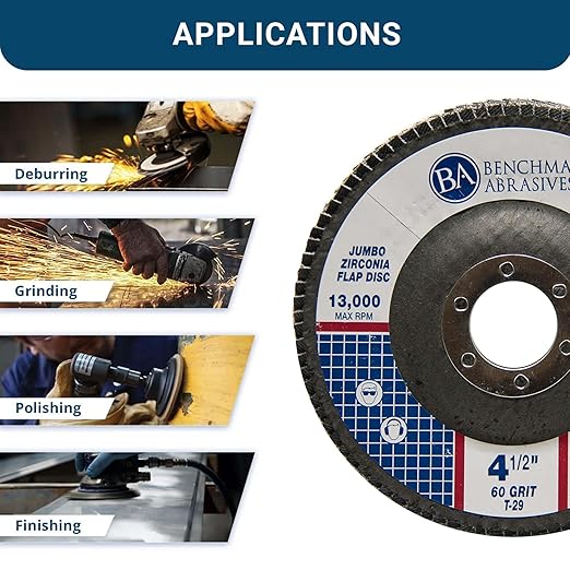 Benchmark Abrasives 4.5" x 7/8" Premium High Density Jumbo Zirconia Type 29 Flap Discs 4 1/2 for Angle Grinder, Sanding Discs, Finishing - Grinding Wheels 4 1/2 Inch (10 Pack) - 60 Grit