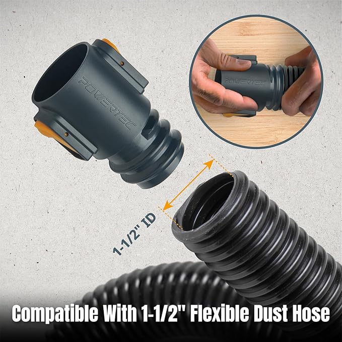 POWERTEC 1-1/2" Hose Adapter - Quick Connect Dust Collection Fitting, for 1.5" ID Hose Workshop Vacuum Systems (70456)