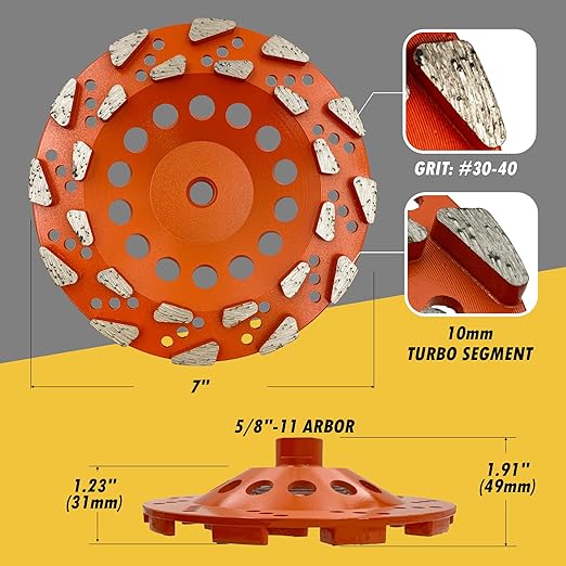 7" High Performance Diamond Grinding Wheels for Aggressive Concrete, Paint, Epoxy, Mastic & Coating Removal, #20 Grit, 24 Segments, 5/8"-11 Threaded Arbor