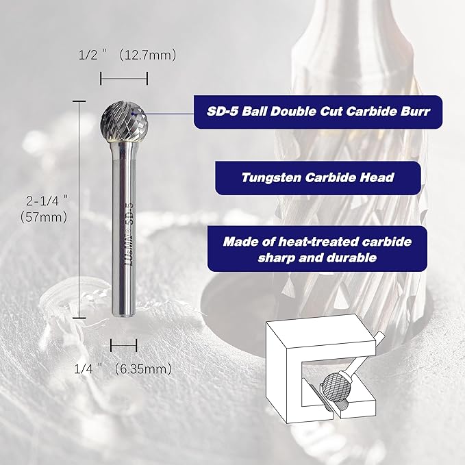 SD-5 Tungsten Carbide Burr ball Shape Double Cut Rotary Burrs File(1/2''cutter Dia 竊?1/2''Cutter Length) with 1/4'' (6.35mm) Shank dia, used for metalwork, tool making, engineering, grinding by LU&MN