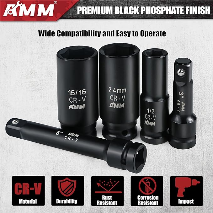AMM 29PCS 1/2" Drive Impact Socket Set, 1/2" Deep Socket Set with Extension Bar, Cr-V Steel, 6 Point, SAE (3/8 "- 1") and Metric (10mm-24mm)