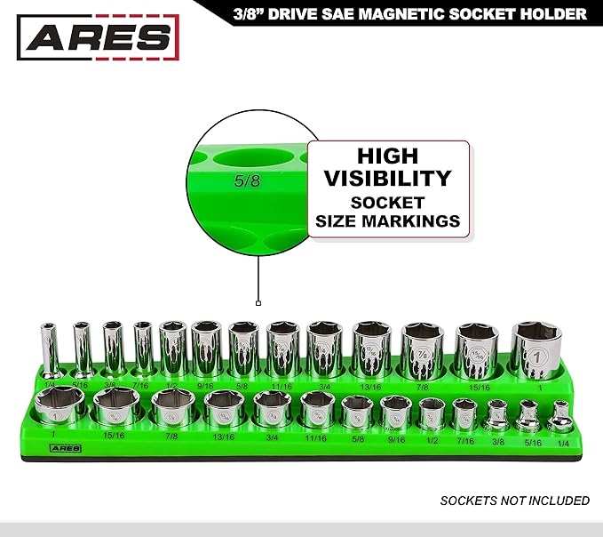 ARES 60007-26-Piece 3/8 in SAE Magnetic Socket Organizer -GREEN -Holds 13 Standard (Shallow) and 13 Deep Sockets -Perfect for your Tool Box -Also Available in RED