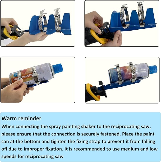 paint shaker, spray can mixing tool, 304 stainless steel spray can shaker, double fixed belts stable firm, suitable for standard reciprocating saws, 2-3 inch spray cans