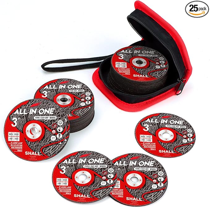 SHALL 25-Pack Cut Off Wheels 3??x 3/8??x 3/64??- Ultra Thin Cutting Wheel with Pouch for Angle Grinder & Cut-Off Tools - Fast Cutting Disc for INOX, Steel, Iron, Non-Ferrous Metal & PVC