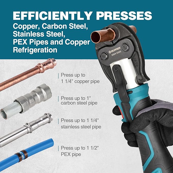ZUPPER Mini Pro Press Tool kit with 3 Copper Pro Press Jaws 1/2", 3/4", 1", Brushless Motor, 2pcs Battery, Fast Charger & Carrying Case