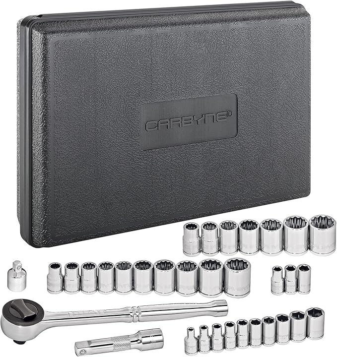 CARBYNE 34-Piece 1/4" & 3/8" Drive Socket & Ratchet Set | SAE & Metric. Includes Metric 6 to 18mm, SAE 5/32" to 3/4". 6 & 12 Point. Cr-V Steel ??From a Family-Run Tool Company Based in the U.S.A.