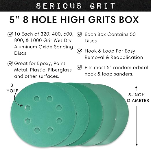 Serious Grit Sanding Discs 5 Inch 8 Hole Fine Grit Assortment - 320, 400, 600, 800, 1000 Grit (10/each) - Hook & Loop Wet Dry Film Sandpaper Discs - Sand Paper for Random Orbital Sanders - 50 Pack Box