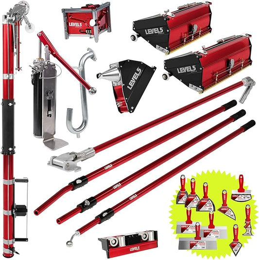 LEVEL5 Full Taping Set w/ 10/12" Mega Boxes | Automatic Taper, 3" Corner Finisher, Corner Roller, 7" Corner Applicator and Std. Handles | Sheetrock Gyprock Wallboard | 4-606