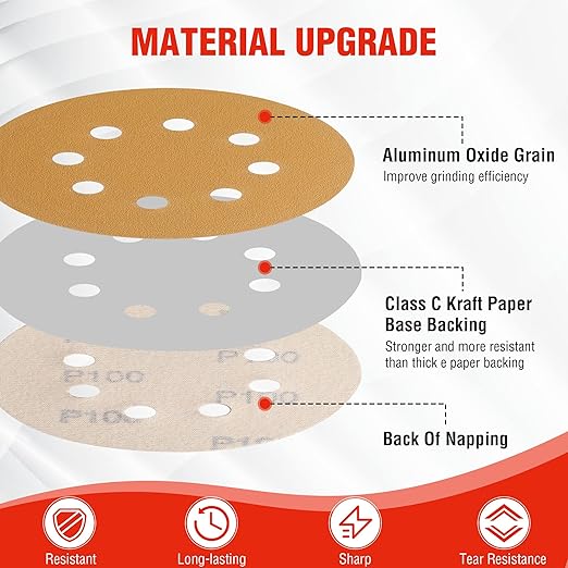 WORKPRO 150-piece Premium Sanding Discs Set, 5" 8 Holes Hook and Loop Sandpaper, 60 80 100 120 150 180 240 320 400 600 Assorted Grits for Random Orbital Sander, Fits Woodworking & Metalworking, Gold