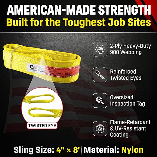 DD Sling 4 Inch x 8 Foot Nylon Lifting Sling – USA Made, 11,500 lb Vertical, 9,200 lb Choker, 23,000 lb Basket – 2-Ply Heavy Duty 900 Webbing, Type 4 Twisted Eye & Eye Rigging Sling, Safety Orange