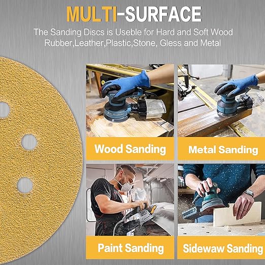80PCS 5 Inch 8 Hole Sanding Discs 40 Grit,Gold Round Hook and Loop Sandpaper for Random Orbital Sander