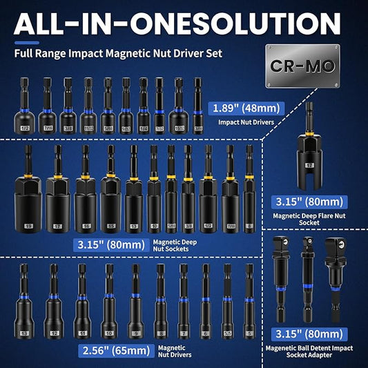 86PCS Magnetic Impact Nut Driver&Bit Set,SAE&Metric,CR-MO Nut Drivers(32pcs),S2 Steel Bits(45pcs),Ratchet Wrench,3 Ball-Head Adapters,Quick-Release Bars,Universal Socket,Flexible Shaft,Angle Driver