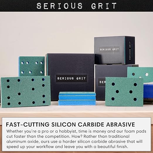 Serious Grit - 3" x 5" (80x133mm) Foam Sanding Pads - P120-150 Medium Finish Grit - 1/2" Thick Low Density Foam - Hook & Loop - Fits Festool RTS 400 & Mirka DEOS 3x5 Sanders ??Made in USA ??10 Pack