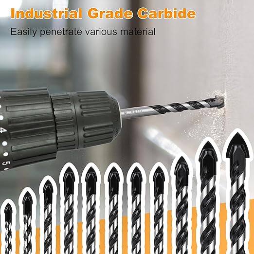 11PCS Masonry Drill Bit Set & Concrete Drill Bit Set 1/8"-1/2" Industrial Strength Carbide Drill Bit Tip for Glass/Brick/Plastic/Cement/Wood/Tile/Etc, by TITGGI