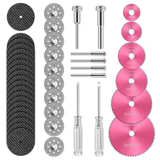 44pcs Pink Cutting Wheel Set Compatible with Plastic for Rotary Tool, HSS Circular Saw Blades 6pcs, Resin Cutting Discs 20pcs, 545 Diamond Cutting Wheels 10pcs