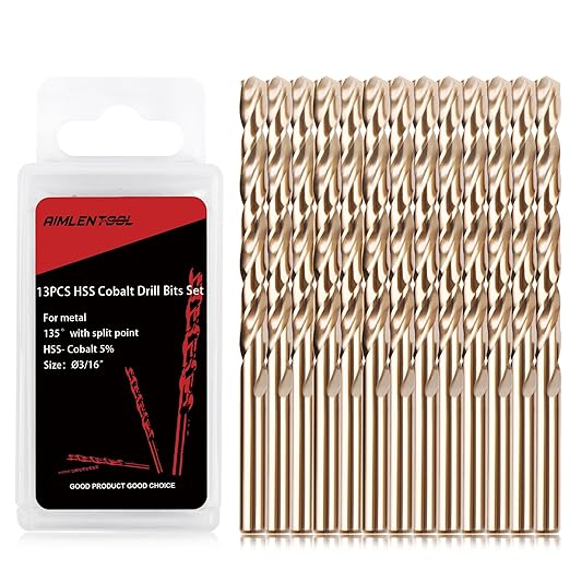 3/16 Inch Cobalt Drill Bits, 13 Pack of M35 HSS, 135 Degree Tip, Jobber Length Twist Drill Bit Set for Hard Metal, Stainless Steel, Cast Iron, Wood and Plastic, with Storage Case