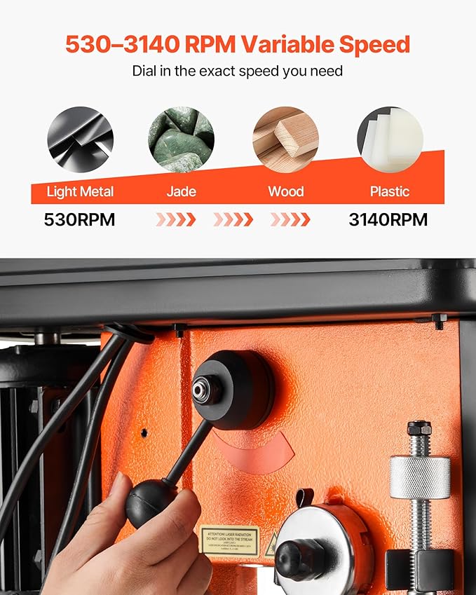VEVOR 12-Inch Benchtop Drill Press, 6.2 Amp, 1 HP Bench Drill Press, 530 to 3140 RPM Variable Speed, 0-45째 Tilting Worktable, with Laser and LED Work Light, Tabletop Drilling Machine, for Wood Metal